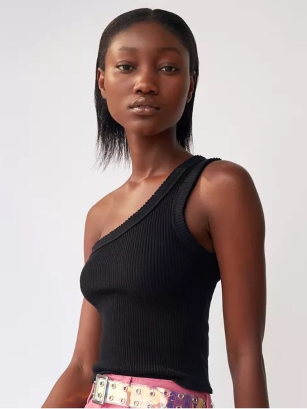 Urban Outfitters One Shoulder Ribbed Tank Top (black, size small)